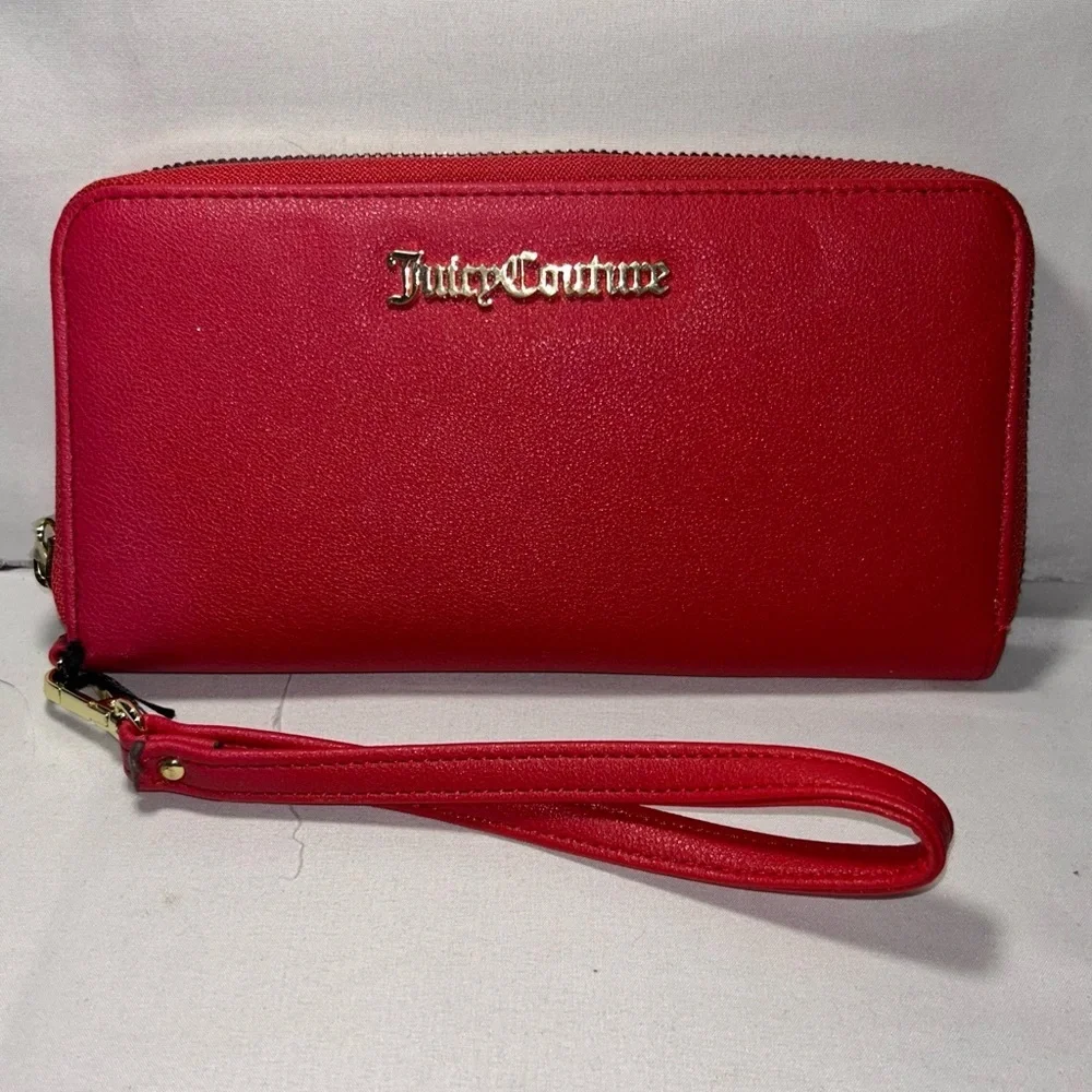 Juicy Couture Red Wallet Wristlet Clutch Gold Logo Wrist Strap Card Holder